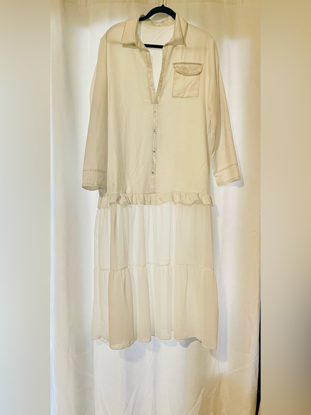 White Trompe L'oeil Printed Maxi Dress Chiffon Tiered Ruffle Hem Size L